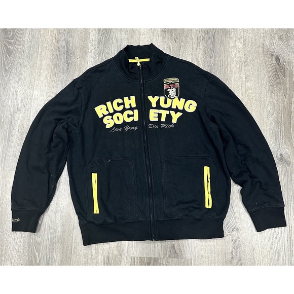 Richyung Society Men's 2XL Black Yellow Full Zip Y2K Oversized Sweater Jacket - Picture 2 of 12